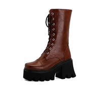 WeFloHsL Womens Platform Combat Boots Chunky Heel Lace Up Punk Goth Zip Biker Mid Calf Boots,Brown,9 UK