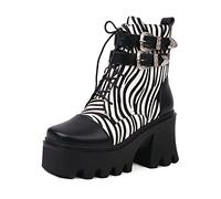 WeFloHsL Womens Platform Lace Up Ankle Boots Chunky Heel Square Toe Winter Combat Biker Booties with Buckle,Black,8.5 UK