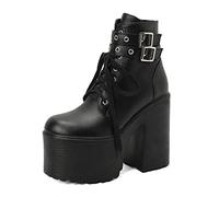 WeFloHsL Womens Platform Lace Up Ankle Boots Chunky High Heel Ladies Punk Gothic Combat Booties with Buckle,Black,4 UK