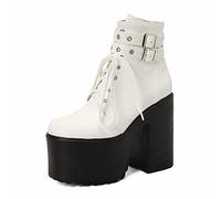 WeFloHsL Womens Platform Lace Up Ankle Boots Chunky High Heel Ladies Punk Gothic Combat Booties with Buckle,White,4 UK