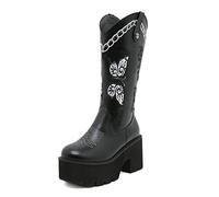 WeFloHsL Womens Platform Western Cowboy Boots Chunky Heel Round Toe Embroidery Retro Punk Gothic Mid Calf Boots,Black,4 UK