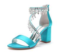 WeFloHsL Women's Rhinestones Strappy Block Heel Bridal Dress Sandals Satin Open Toe Wedding Party Shoes 1151-18,Teal,3.5 UK