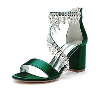 WeFloHsL Women's Rhinestones Strappy Block Heel Bridal Dress Sandals Satin Open Toe Wedding Party Shoes 1151-18,Green,3.5 UK