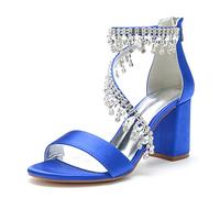 WeFloHsL Women's Rhinestones Strappy Block Heel Bridal Dress Sandals Satin Open Toe Wedding Party Shoes 1151-18,Blue,6.5 UK