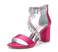 WeFloHsL Women's Rhinestones Strappy Block Heel Bridal Dress Sandals Satin Open Toe Wedding Party Shoes 1151-18,Fuchsia,8 UK