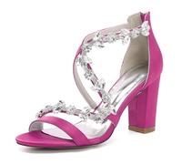 WeFloHsL Women's Rhinestones Strappy Bridal Sandals Block Heels Ladies Satin Open Toe Dress Pumps Wedding Party Evening Prom Shoes 2022-48G,Fuchsia,6.5 UK