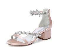 WeFloHsL Womens Rhinestones Strappy Bridal Shoes Sandals Mid Low Block Heel Ladies Satin Open Toe Zipper Party Evening Shoes 702-36,Blush Pink,5.5 UK
