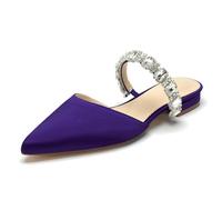 WeFloHsL Women's Rhinestones Strappy Flat Mules Wedding Sandals Pointed Toe Satin Backless Loafer Slides Bridal Dress Shoes,Purple,8 UK
