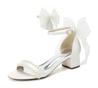 WeFloHsL Women's Satin 4.5Cm Low Block Heel Wedding Sandals for Bride Open Toe Pearls Bows Bridal Shoes 13091-20,Ivory,9.5 UK