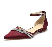 WeFloHsL Women's Satin Diamante Ankle Strap Ballet Pumps Pointed Toe Flat Wedding Bridal Shoes,Burgundy,8 UK