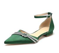 WeFloHsL Women's Satin Diamante Ankle Strap Ballet Pumps Pointed Toe Flat Wedding Bridal Shoes,Green,3.5 UK