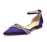 WeFloHsL Women's Satin Diamante Ankle Strap Ballet Pumps Pointed Toe Flat Wedding Bridal Shoes,Purple,9.5 UK