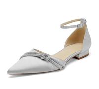 WeFloHsL Women's Satin Diamante Ankle Strap Ballet Pumps Pointed Toe Flat Wedding Bridal Shoes,Silver,8.5 UK
