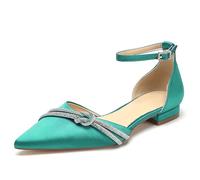 WeFloHsL Women's Satin Diamante Ankle Strap Ballet Pumps Pointed Toe Flat Wedding Bridal Shoes,Teal,3.5 UK