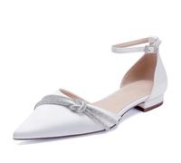 WeFloHsL Women's Satin Diamante Ankle Strap Ballet Pumps Pointed Toe Flat Wedding Bridal Shoes,White,9.5 UK