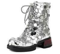 WeFloHsL Women's Sequins Combat Ankle Boots Low Chunky Heel Glitter Lace Up Platform Sparkly Dress Booties,Silver,3.5 UK