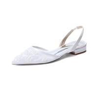 WeFloHsL Women's Slingback Flat Wedding Ballet Pumps Closed Toe Lace Mesh Pearls Flat Dress Bridal Shoes 18448-63,White,8.5 UK