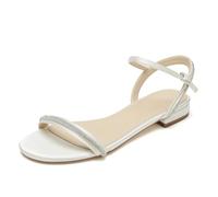 WeFloHsL Womens Wedding Flat Sandals Satin Open Toe Diamante Strappy Beach Dress Bridal Sandals Shoes,Ivory,8.5 UK