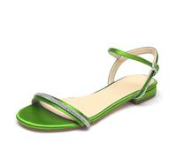 WeFloHsL Womens Wedding Flat Sandals Satin Open Toe Diamante Strappy Beach Dress Bridal Sandals Shoes,Lime,3.5 UK