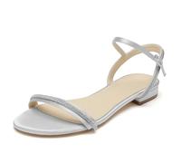 WeFloHsL Womens Wedding Flat Sandals Satin Open Toe Diamante Strappy Beach Dress Bridal Sandals Shoes,Silver,7 UK