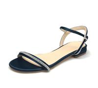 WeFloHsL Womens Wedding Flat Sandals Satin Open Toe Diamante Strappy Beach Dress Bridal Sandals Shoes,Navy,8.5 UK