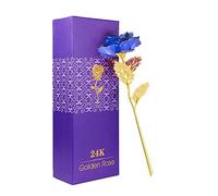 WeFoonLo Creative Artificial 24K Rose Flower Plastic Long Stem Real Rose Dipped in Gold with Gift Box for Mother's Day, Valentine, Birthday, Anniversary, Thanksgiving Day (Blue+Gold)