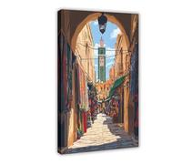 WEGAGTTT Fez Market Alley with Minaret View, Moroccan Souk Scene Canvas Poster Bedroom Decor Landscape Office Room Decor Gift 08x12inch(20x30cm)
