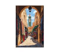 WEGAGTTT Fez Market Alley with Minaret View, Moroccan Souk Scene Canvas Poster Wall Art Decor Print Picture Paintings for Living Room Bedroom Decoration 16x24inch(40x60cm)
