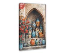 WEGAGTTT Iranian Pottery Art Print, Vibrant Market Scene Persian Canvas Poster Wall Art Decor Print Picture Paintings for Living Room Bedroom Decoration 12x18inch(30x45cm)