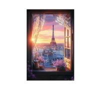 WEGAGTTT Paris Rustic Window with Eiffel Tower View Canvas Poster Bedroom Decor Landscape Office Room Decor Gift 20x30inch(50x75cm)