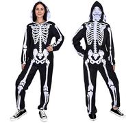 Wegitcs Halloween Skeleton Costumes Woman, Double Sided Print Skeleton Onesie Adult Hooded with Zip Up Mask, Halloween Jumpsuit Pajamas for Cosplay Party, Sleepwear, Homewear, X-Large