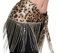 Wegiwuca Glittering Sequins Belly Dance Hip Scarf Waist Chain with 45cm Long Tassels Leopards Print Hip Wrap Skirt for Night Show Flowy Metal Dance Accessory
