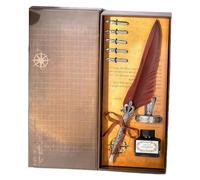 Wegiwuca Retro Metal Engraved Feathered Dip Pen Antique Dip Includes Interchangeable Nibs and Inks for Handwriting Drawing Copper Feather with Inks