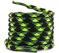 WEGOODZF Strong Work Boot Laces: 2 Pairs 140CM Long Black & Fluorescent Green Round Wave Shape Heavy Duty Non Slip Bootlaces for Walking Hiking Shoes