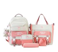 WEGUZIX Kawaii 5PCS Backpack Set for Teen Girls with Cute Bear Accessories - Aesthetic School Bookbag Back to School Supplies, B-pink, M, Student Schoolbag Set