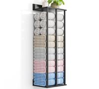 WeGXY Towel Racks for Bathroom Wall Mounted with Wooden Storage Shelf, Updated 3 Bar Metal Towel Holder for Rolled Towels, Sturdy and Large Capacity, Towel Storage Organizer-Black