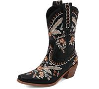Black,42,Embroidered Western Boots for Women, Wide Calf Chunky Heel Cowboy Boots,Fashionable Red Black Pointed Retro Mid Calf Boots