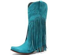 WEHAM Blue,36,Fringe Western Cowboy Mid Calf Boots for Women, Pointed Thick Heel Wide Calf Riding Boots, Classic Embroidered Comfortable Pull On Cowgirl Booties