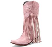 WEHAM Pink,44,Fringe Western Cowboy Mid Calf Boots for Women, Pointed Thick Heel Wide Calf Riding Boots, Classic Embroidered Comfortable Pull On Cowgirl Booties