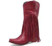 WEHAM Red,41,Fringe Western Cowboy Mid Calf Boots for Women, Pointed Thick Heel Wide Calf Riding Boots, Classic Embroidered Comfortable Pull On Cowgirl Booties