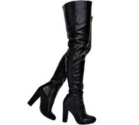 WEHAM Women's Block Heel Pointed Toe Over The Knee Boots, 8CM Fall Winter Tall Boots PU Leather Thigh High Boots,Black,45