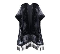 WeHello Women's Burnout Velvet Kimono Long Cardigan Cover Up Without Tassel, Black Cathaya, One size