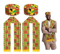 Wehhbtye 2 Set Kente Kufi Hat and Stole, African Pattern Sash Scarf with Men Hat, African Print Kente Clothing Accessory for Black History Month Kwanzaa Celebration Graduation Choir, 2 Set, No