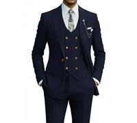 Wehilion 3 Pieces Men's Slim Fit Suit, Formal Bussiness Suits for Men Wedding Prom Suits Jacket Vest Pants Double Breasted, Navy Blue, S