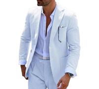 Wehilion Men 2 Pieces Seersucker Suit Casual 2 Button Slim Fit Striped Suits for Men Summer Wedding Prom Suit Jacket Pants, Light Blue, XL