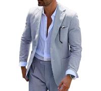 Wehilion Men 2 Pieces Seersucker Suit Casual 2 Button Slim Fit Striped Suits for Men Summer Wedding Prom Suit Jacket Pants, Navy, L