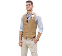 Wehilion Men Suit Vest Linen Beige Beach Wedding Waistcoat Summer Casual Men Groomsmen Dress Vest, Khaki, X-Large