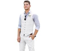 Wehilion Men Suit Vest Linen Beige Beach Wedding Waistcoat Summer Casual Men Groomsmen Dress Vest, White, Medium