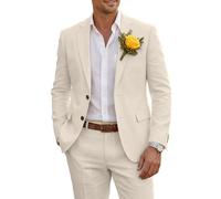 Wehilion Men's 2 Piece Linen Suits Slim Fit Casual Summer Beach Wedding Dress Tux Prom Lightweight Blazer Jacket and Pants, Beige, XL