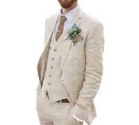 Wehilion Men's Beige Slim Fit 3-Piece Linen Suit Jacket, Vest & Pant - Wedding, Party, Business - 3XL